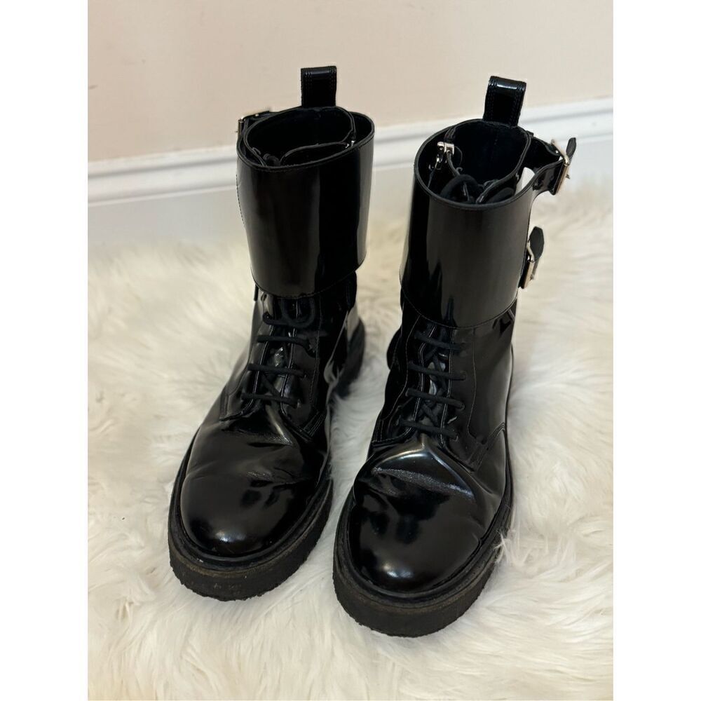 BALMAIN H&M MEN'S Black Patent Leather Combat Boots Sneakers  7.5/40